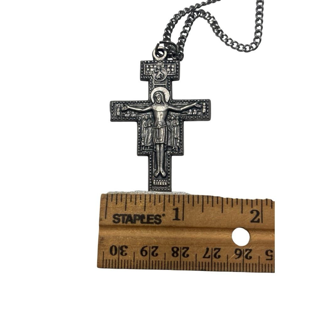 Vintage Italy Silver Tone Etched San Damiano Crucifix Christian Cross Necklace - Picture 7 of 9